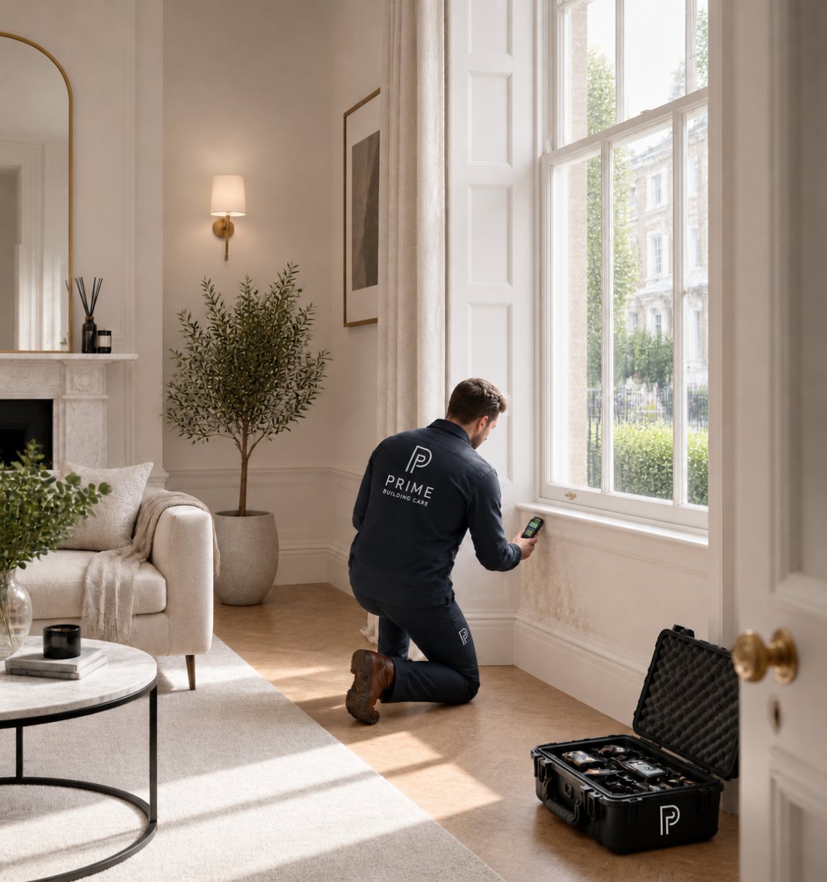 Someone kneeling to take a moisture reading at the skirting board of a bright period living room, an open case of instruments on the floor beside them.